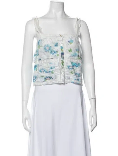 Pre-owned Loveshackfancy Floral Print Square Neckline Blouse In White