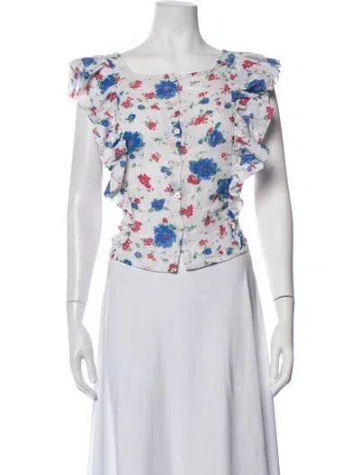 Pre-owned Loveshackfancy Floral Print Square Neckline Blouse In White