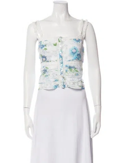 Pre-owned Loveshackfancy Floral Print Square Neckline Blouse In White