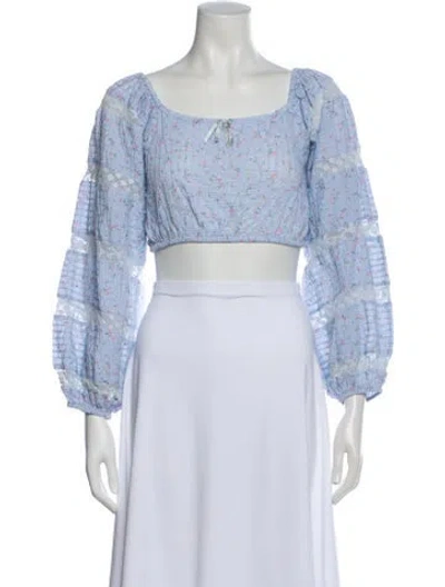 Pre-owned Loveshackfancy Floral Print Square Neckline Crop Top In Blue