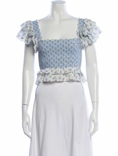 Pre-owned Loveshackfancy Floral Print Square Neckline Crop Top In Blue