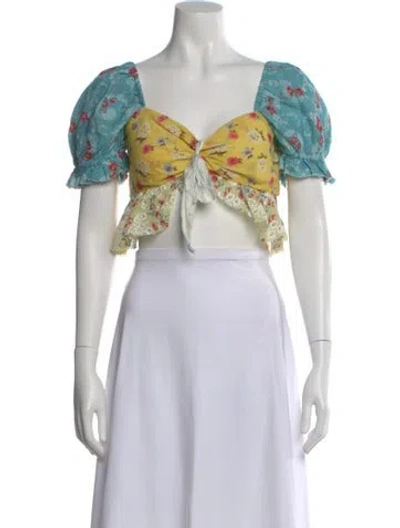 Pre-owned Loveshackfancy Floral Print Square Neckline Crop Top In Blue