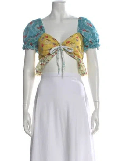 Pre-owned Loveshackfancy Floral Print Square Neckline Crop Top In Blue