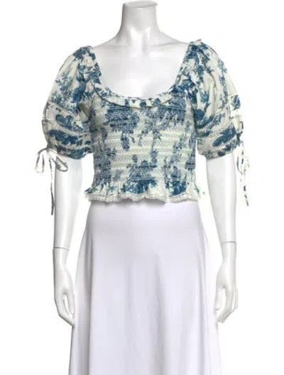 Pre-owned Loveshackfancy Floral Print Square Neckline Crop Top In Blue