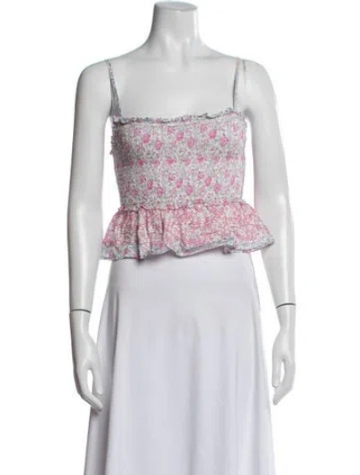 Pre-owned Loveshackfancy Floral Print Square Neckline Crop Top In Blue/white