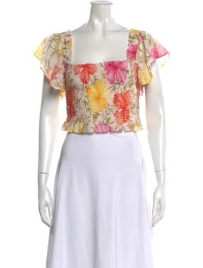 Pre-owned Loveshackfancy Floral Print Square Neckline Crop Top In Neutrals