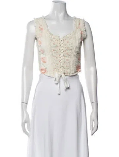 Pre-owned Loveshackfancy Floral Print Square Neckline Crop Top In Neutrals