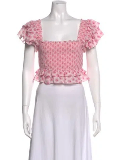 Pre-owned Loveshackfancy Floral Print Square Neckline Crop Top In Pink