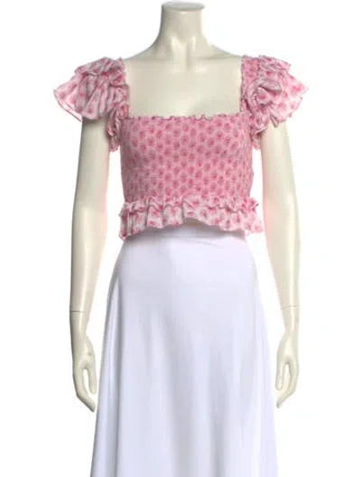 Pre-owned Loveshackfancy Floral Print Square Neckline Crop Top In Pink
