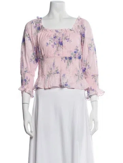 Pre-owned Loveshackfancy Floral Print Square Neckline Crop Top In Pink