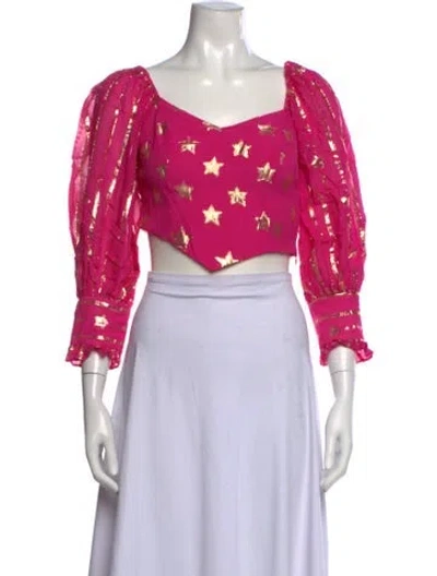 Pre-owned Loveshackfancy Floral Print Square Neckline Crop Top In Pink