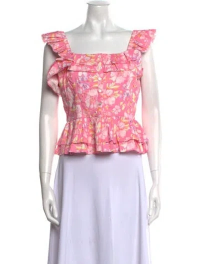 Pre-owned Loveshackfancy Floral Print Square Neckline Crop Top W/ Tags In Pink