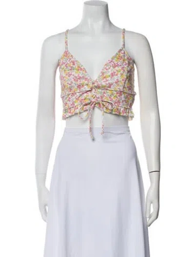 Pre-owned Loveshackfancy Floral Print Square Neckline Crop Top In White