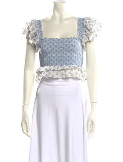 Pre-owned Loveshackfancy Floral Print Square Neckline Crop Top In White