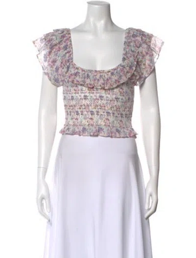 Pre-owned Loveshackfancy Floral Print Square Neckline Crop Top In White