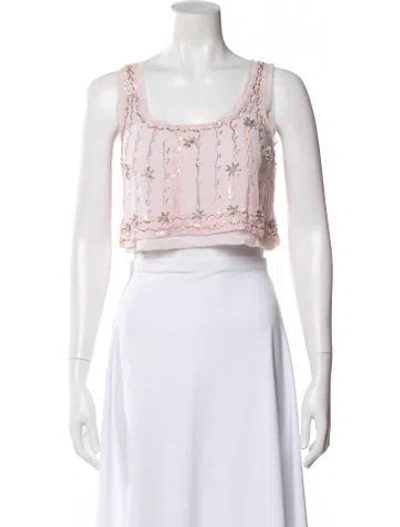 Pre-owned Loveshackfancy Floral Print Square Neckline Crop Top In White