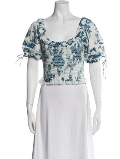 Pre-owned Loveshackfancy Floral Print Square Neckline Crop Top In White