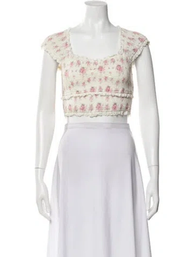 Pre-owned Loveshackfancy Floral Print Square Neckline Crop Top In White