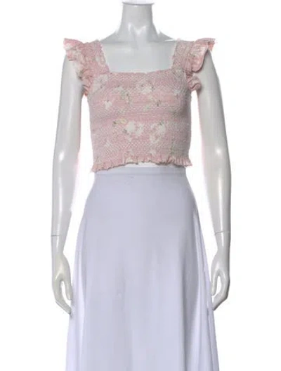 Pre-owned Loveshackfancy Floral Print Square Neckline Crop Top In White