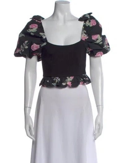 Pre-owned Loveshackfancy Floral Print Square Neckline Crop Top In White