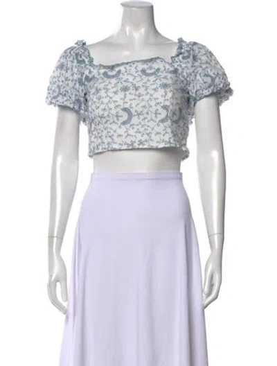 Pre-owned Loveshackfancy Floral Print Square Neckline Crop Top In White