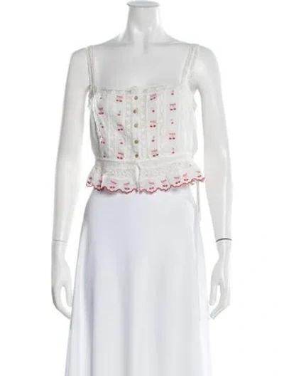 Pre-owned Loveshackfancy Floral Print Square Neckline Crop Top In White