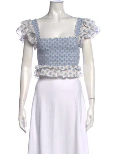 Pre-owned Loveshackfancy Floral Print Square Neckline Crop Top In White