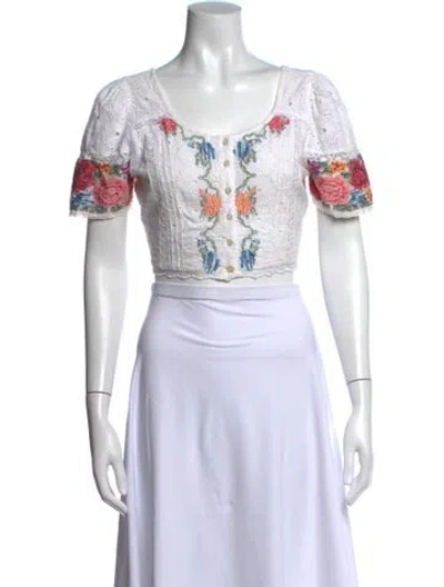 Pre-owned Loveshackfancy Floral Print Square Neckline Crop Top In White