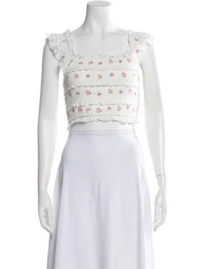 Pre-owned Loveshackfancy Floral Print Square Neckline Crop Top In White