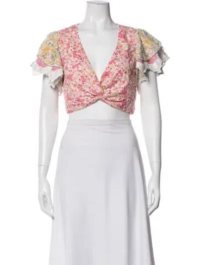 Pre-owned Loveshackfancy Floral Print Square Neckline Crop Top In White