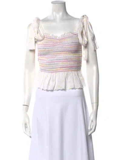Pre-owned Loveshackfancy Floral Print Square Neckline Crop Top In White