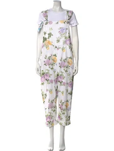 Pre-owned Loveshackfancy Floral Print Square Neckline Overalls In White