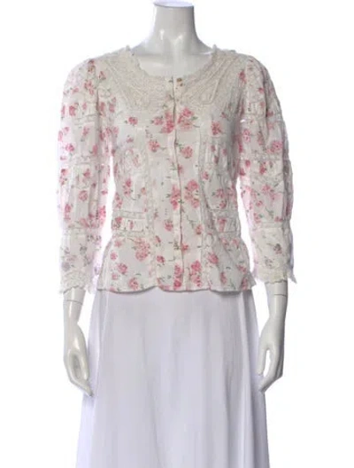 Pre-owned Loveshackfancy Floral Print Three-quarter Sleeve Blouse In Neutral