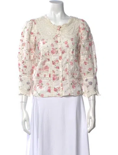 Pre-owned Loveshackfancy Floral Print Three-quarter Sleeve Blouse In Neutrals