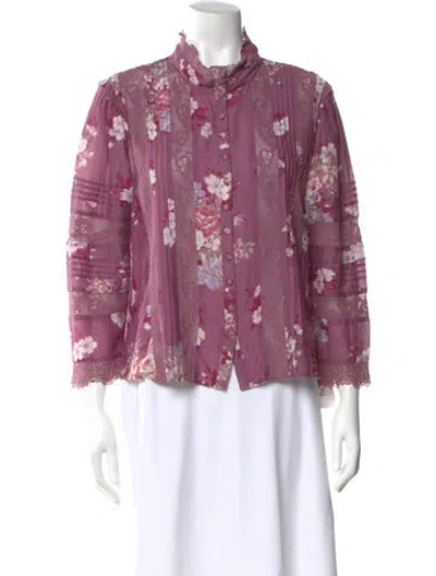 Pre-owned Loveshackfancy Floral Print Three-quarter Sleeve Blouse In Purple