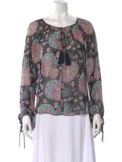 Pre-owned Loveshackfancy Floral Print Tie Neck Blouse In Black