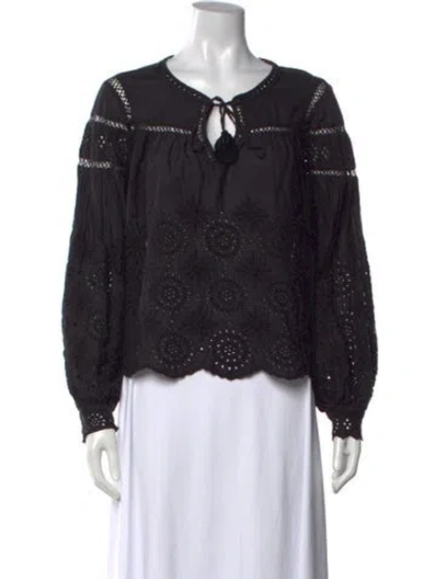 Pre-owned Loveshackfancy Floral Print Tie Neck Blouse In Black