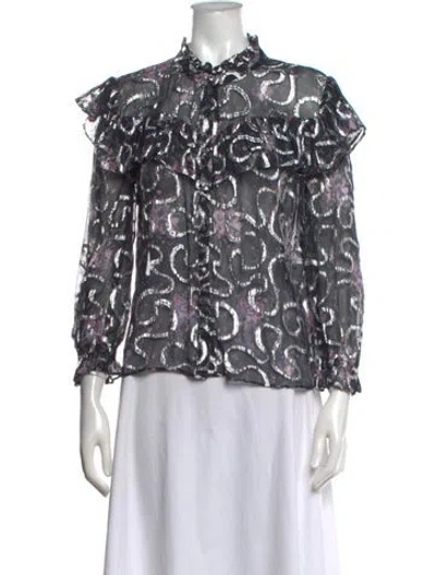 Pre-owned Loveshackfancy Floral Print Tie Neck Blouse In Black/metallic