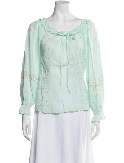 Pre-owned Loveshackfancy Floral Print Tie Neck Blouse In Blue