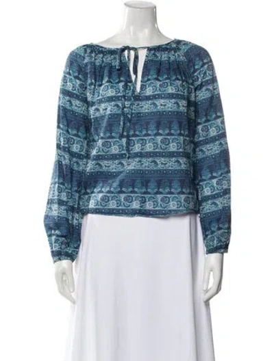 Pre-owned Loveshackfancy Floral Print Tie Neck Blouse In Blue