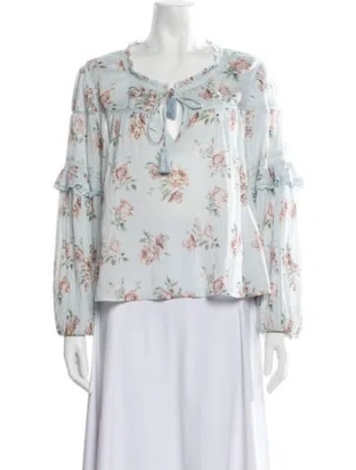 Pre-owned Loveshackfancy Floral Print Tie Neck Blouse In Blue