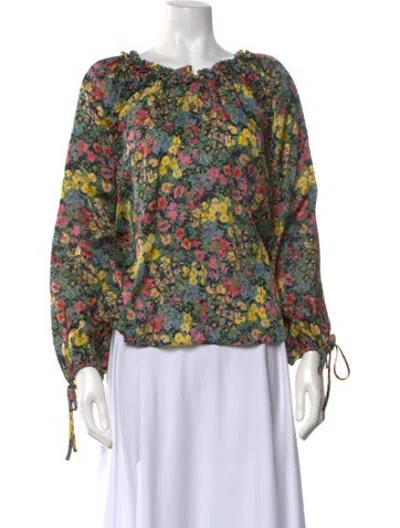 Pre-owned Loveshackfancy Floral Print Tie Neck Blouse In Blue