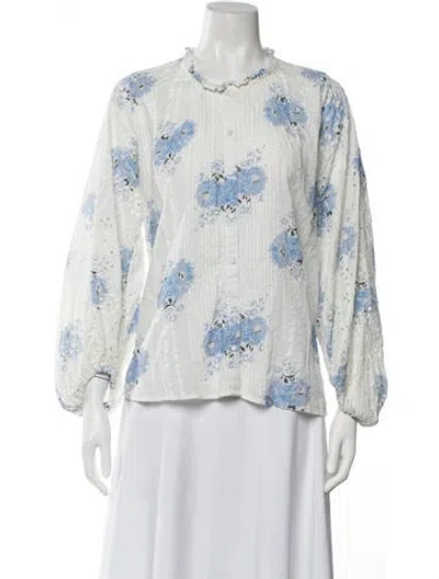 Pre-owned Loveshackfancy Floral Print Tie Neck Blouse In Blue/white
