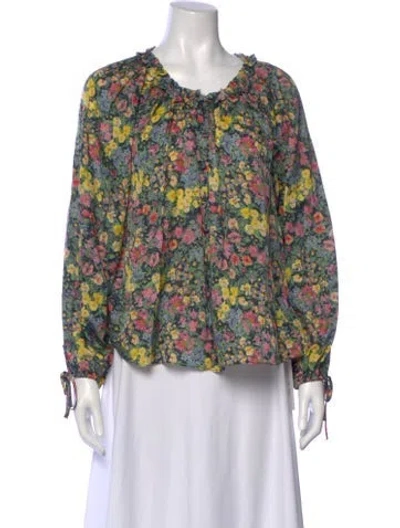 Pre-owned Loveshackfancy Floral Print Tie Neck Blouse In Green