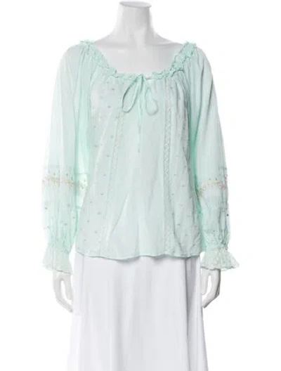 Pre-owned Loveshackfancy Floral Print Tie Neck Blouse In Green