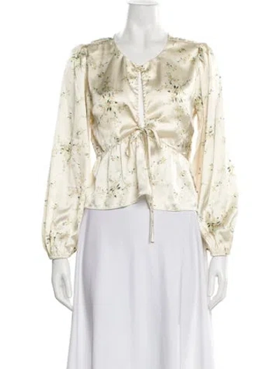 Pre-owned Loveshackfancy Floral Print Tie Neck Blouse In Neutral