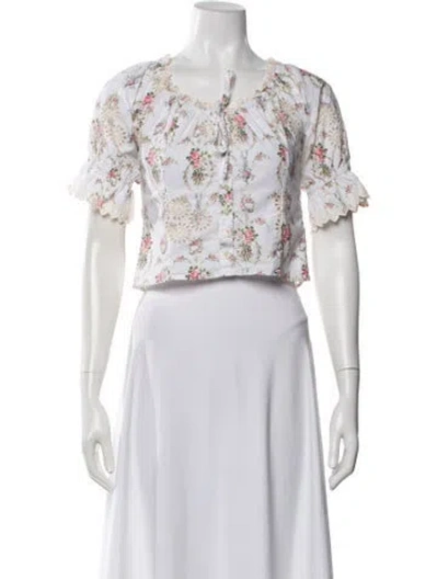 Pre-owned Loveshackfancy Floral Print Tie Neck Blouse In Neutrals