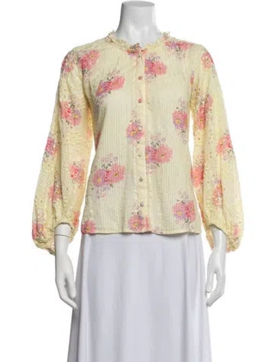 Pre-owned Loveshackfancy Floral Print Tie Neck Blouse In Neutrals
