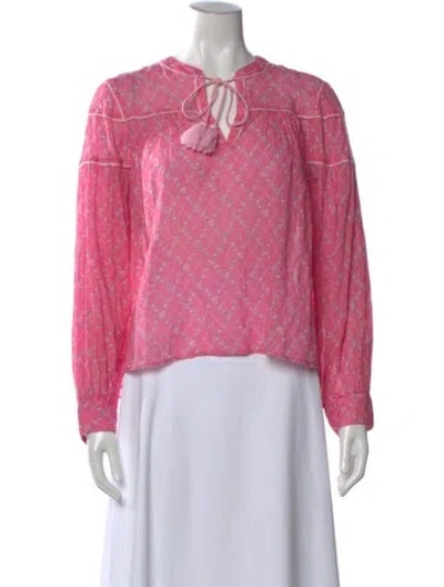Pre-owned Loveshackfancy Floral Print Tie Neck Blouse In Pink