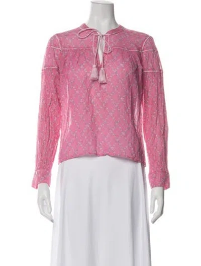 Pre-owned Loveshackfancy Floral Print Tie Neck Blouse In Pink